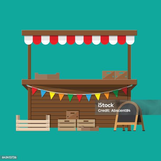 Market Food Stall With Flags Crates Chalk Board Stock Illustration - Download Image Now - Market Stall, Concession Stand, Food