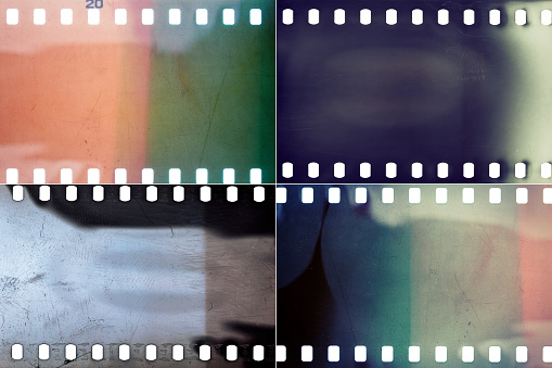 Set of colorful grungy film textures with lots of grain, dust, scratches and light leaks