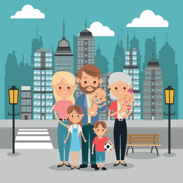 Vector illustration of Parents, kids and grandmother icon. Family design. City Landscap
