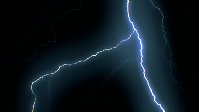 Set of Beautiful Lightning Strikes on Black Background. Electrical Storm. 17 Videos of Blue Realistic Thunderbolts in Loop Animation.