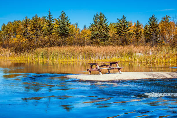 istock On the smoll island is a wooden bench 643436414