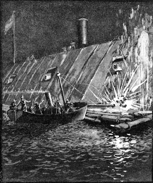 Destruction of the Albemarle William Barker Cushing was an officer in the United States Navy, best known for sinking the Confederate ironclad CSS Albemarle during a daring nighttime raid on October 27, 1864. sinking ship pictures pictures stock illustrations