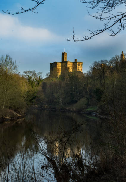 schloss auf den fluss. - warkworth castle stock-fotos und bilder