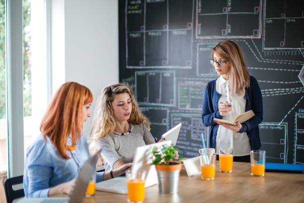istock Group of young female colleagues work in office 643442410