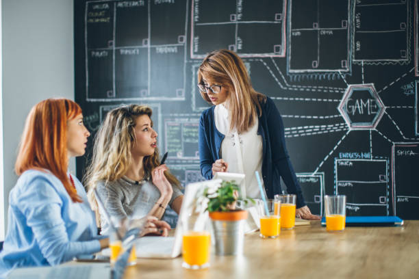 istock Group of young female colleagues work in office 643443186