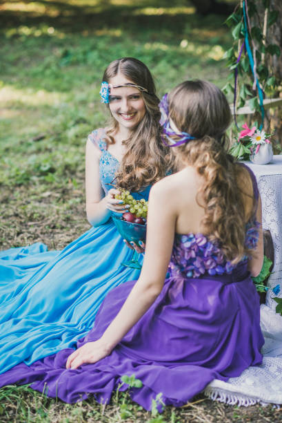 two adult sisters - flower purple twin blossom imagens e fotografias de stock