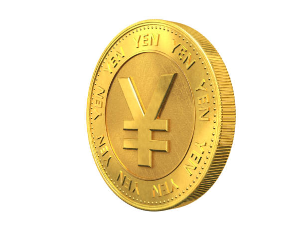 moneta d'oro con segno yen. rendering 3d. - pound symbol three dimensional shape sign symbol foto e immagini stock