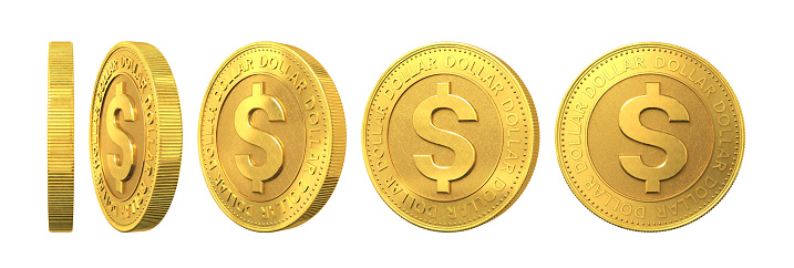 Set of gold coins with dollar sign isolated on a white background. 3d rendering.