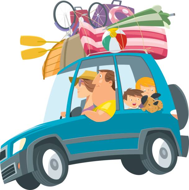 ilustraciones, imágenes clip art, dibujos animados e iconos de stock de familia viajando con el coche - family in car