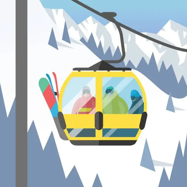 Vector illustration of Snowboarder sitting in ski gondola and lift elevators winter sport resort snowboard people rest lifting jump vector illustration mountain