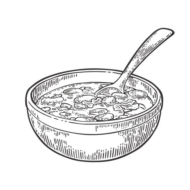 illustrazioni stock, clip art, cartoni animati e icone di tendenza di peperoncino con carne in ciotola con cucchiaio - cibo tradizionale messicano. - soup