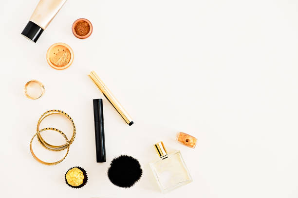 istock Beauty products and accessories top view. Gold, black, white 643484976