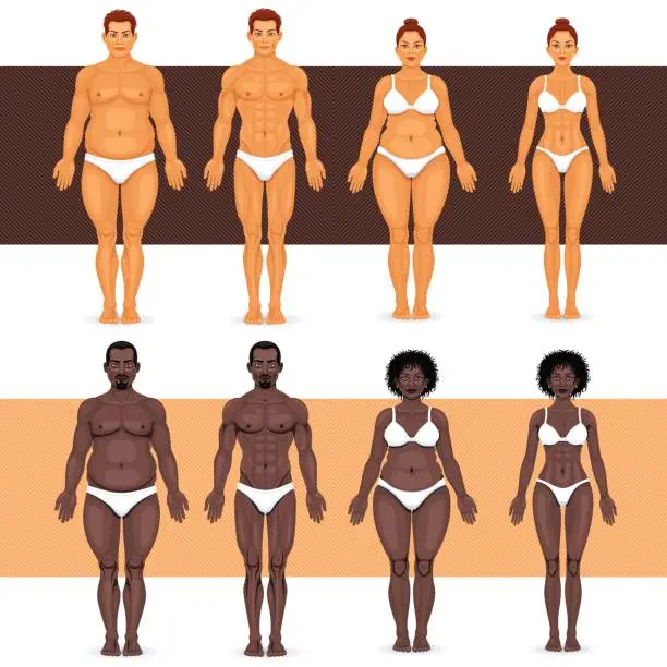 Vector illustration of Black and white man and woman losing weight