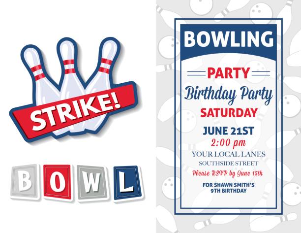 ilustrações, clipart, desenhos animados e ícones de estilo retrô modelo de convite de boliche festa de aniversário - retro revival bowling red blue