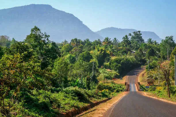 Road through Bolaven Plateau in the southern Laos