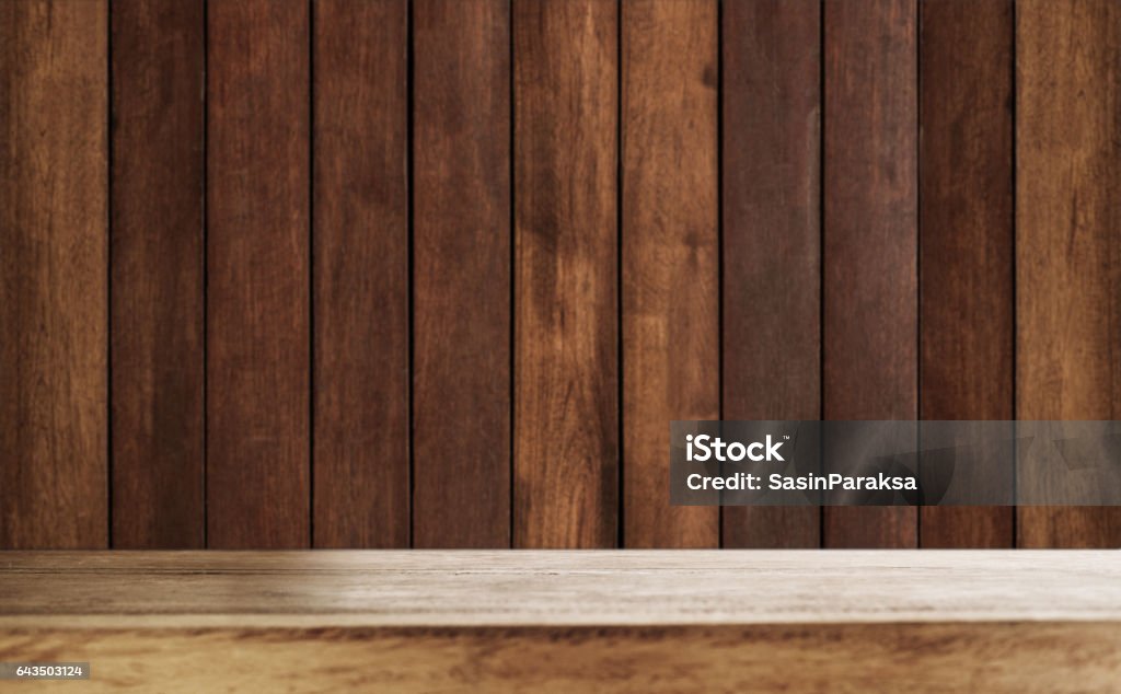 Wood counter top with wood wall planks Bar Counter Stock Photo