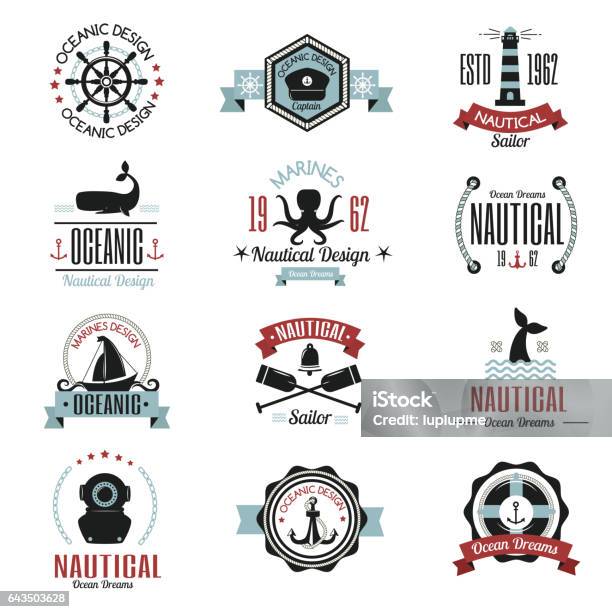 Fashion Nautical Logo Sailing Themed Label Or Icon With Ship Sign Anchor Rope Steering Wheel And Ribbons Travel Element Graphic Badges Vector Illustration Stock Illustration - Download Image Now