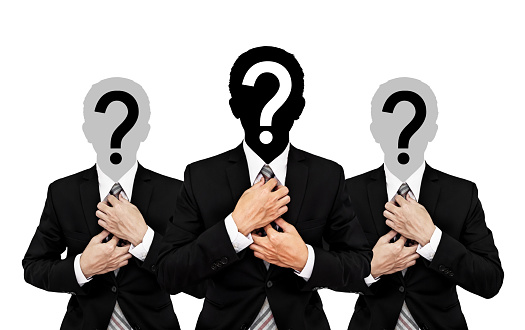 Three businessman with question mark on head, isolated on white background