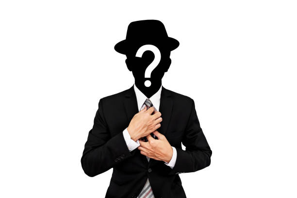 istock Businessman with question mark on head, isolated on white background, secret agent 643503882