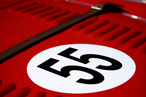 Number 55 on a Red Racing Collector's Car. Canon 5DMkii Lens EF100mm f/2.8L Macro IS USM ISO 50