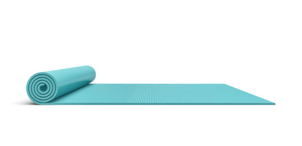 istock Rendering of blue half rolled yoga mat isolated on white background 643517374