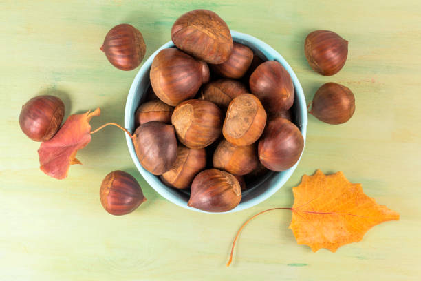 castañas y hojas de otoño, foto de arriba con copyspace - sweet food chestnut yellow brown fotografías e imágenes de stock