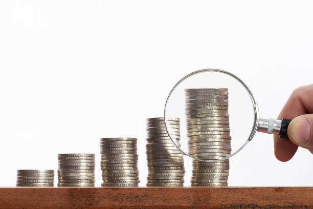 istock Hand with magnifying glass and money coins stack growing 643526498