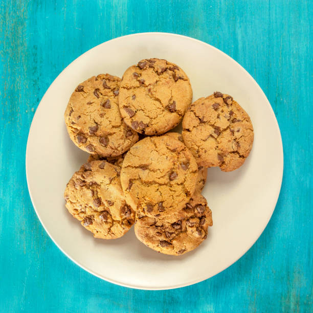 Plate of freshly baked chocolate chips cookies, with copyspace A square photo of a plate of freshly baked chocolate chips cookies, shot from above on a vibrant blue background with copyspace chocolate chip cookie top view stock pictures, royalty-free photos & images