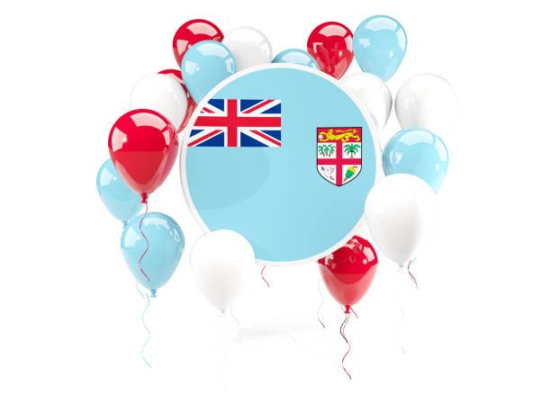 istock Round flag of fiji with balloons 643531374