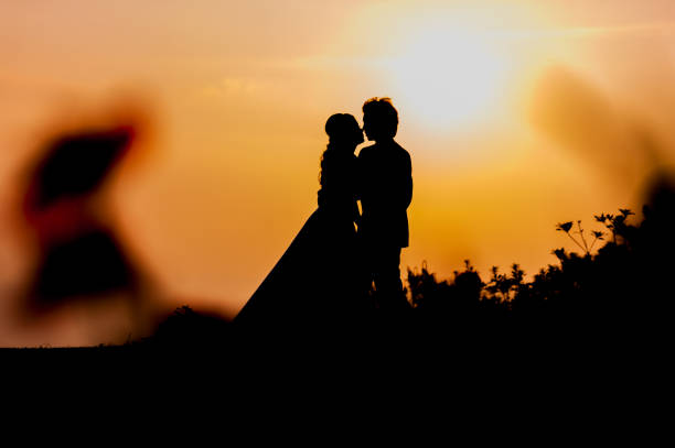 silhouette of asian bride and groom standing on mountain - silhouette kissing park sunset imagens e fotografias de stock