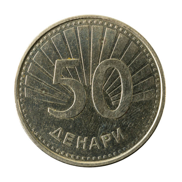 50 macedonian denar coin (2008) obverse isolated on white background - denar imagens e fotografias de stock