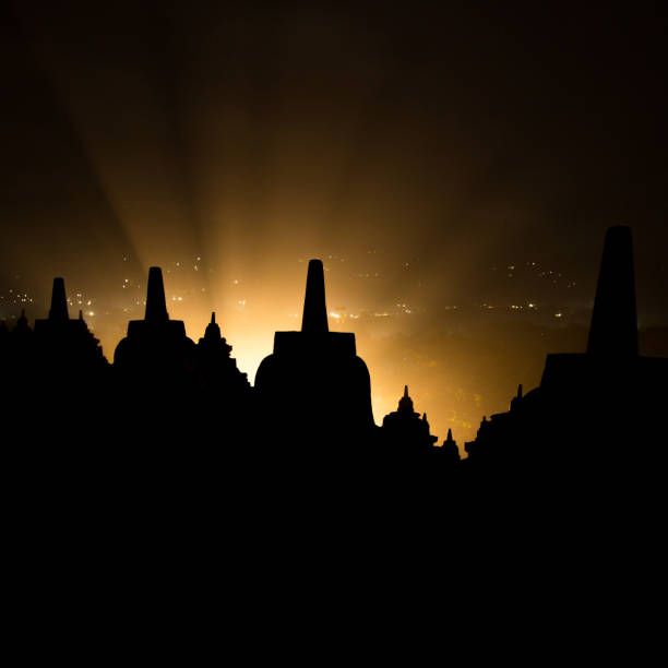 Ancient Borobudur temple at sunrise. Java, Indonesia.