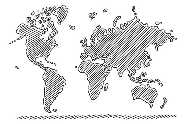 World Map Drawing Hand-drawn vector drawing of a World Map. Black-and-White sketch on a transparent background (.eps-file). Included files are EPS (v10) and Hi-Res JPG. international drawings stock illustrations
