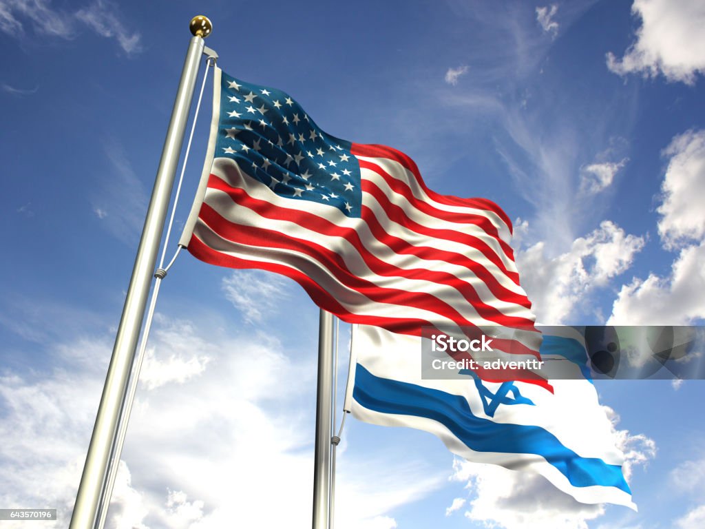 American and Israel flags waving against the sky American and Israel flags waving against the sky. Israeli Flag Stock Photo