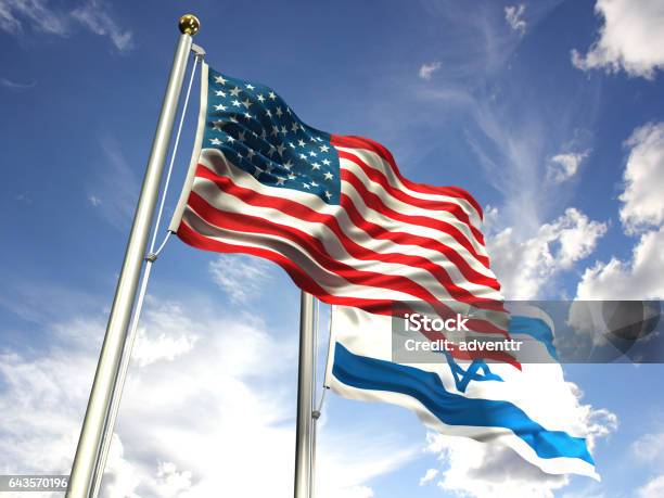American And Israel Flags Waving Against The Sky Stock Photo - Download Image Now - Israeli Flag, USA, Israel