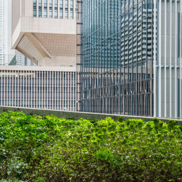 istock green bush front of office building 643570324