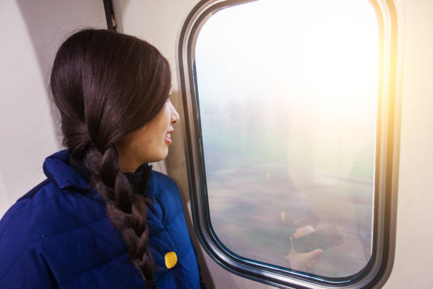 istock Lady traveling by train,looking out of window 643570810