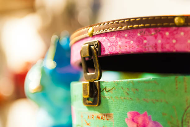 istock Bag retro bright colored leather trim iron lock open 643571524