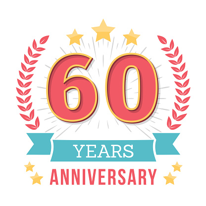 60 Years anniversary emblem with ribbon, laurel wreath and stars, vector eps10 illustration