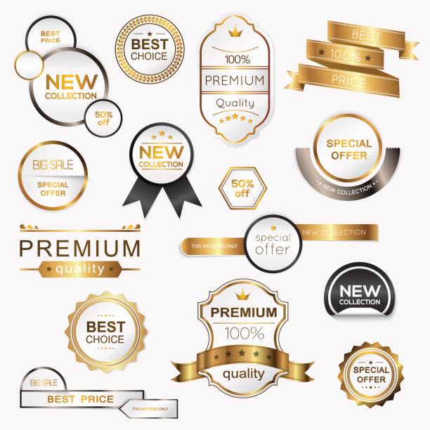 ilustrações de stock, clip art, desenhos animados e ícones de collection of golden premium promo seals/stickers. isolated vector illustration. - label price tag price blank