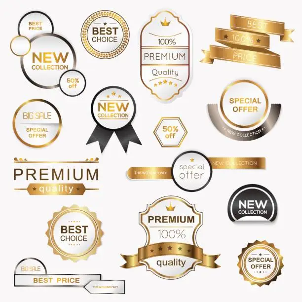 Vector illustration of Collection of golden premium promo seals/stickers. Isolated vector illustration.