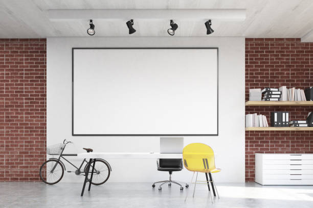istock Home office with yellow chair and whiteboard 643575742