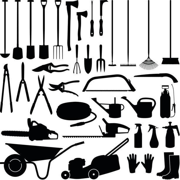 ilustrações, clipart, desenhos animados e ícones de coleção de ferramentas de jardinagem - silhueta vector - watering can shovel rake silhouette