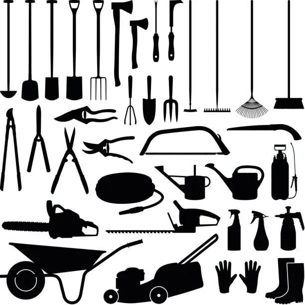 Vector illustration of Gardening tool collection - vector silhouette