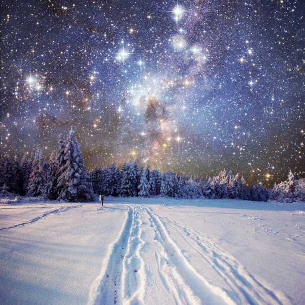istock starry sky in winter snowy night. 643582270
