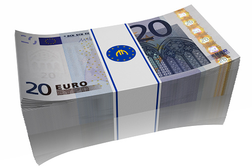Stack of 20 euro banknotes on a white background