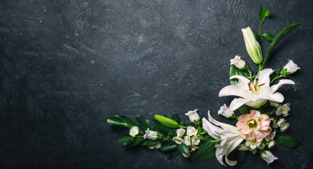 istock Festive flower composition the black background 643598410