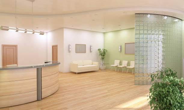 informationen rezeption und lobby-design - indoors lobby office waiting room stock-fotos und bilder
