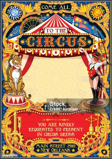 Circus Carnival Invite Vintage 2d Vector Stock Illustration - Download Image Now - Circus, Poster, Circus Tent