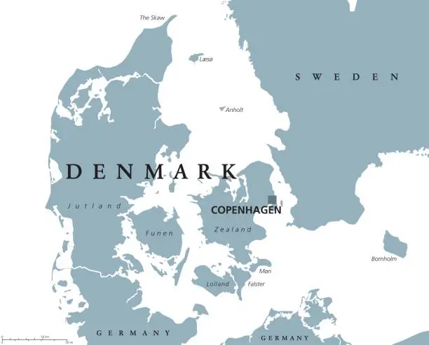 Vector illustration of Denmark political map with capital Copenhagen and neighbor countries. Kingdom, Scandinavian and Nordic country in Europe.